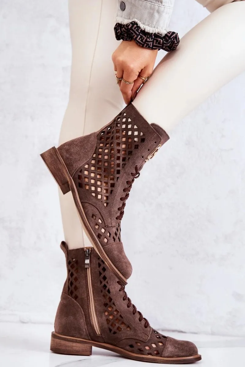 Botki Wiosenne|Botki Sznurowane>Zazoo Ażurowe Skórzane Botki Nicole Brązowe 2695