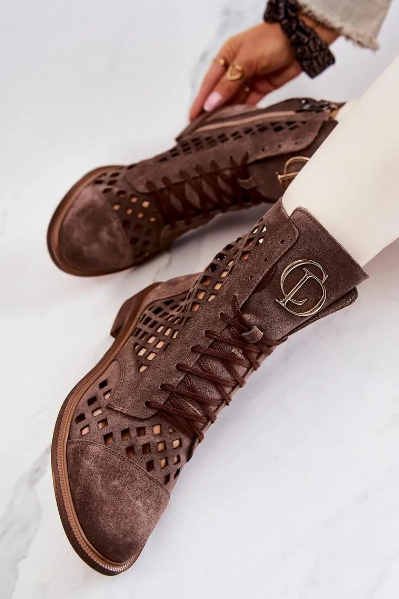 Botki Wiosenne|Botki Sznurowane>Zazoo Ażurowe Skórzane Botki Nicole Brązowe 2695