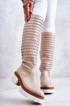 Sale Boto Ażurowe Skórzane Kozaki Na Suwak Beżowe Lativia