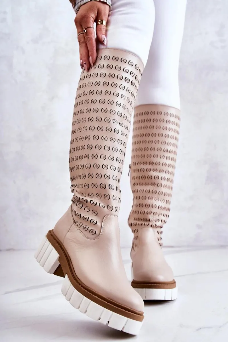 Sale Boto Ażurowe Skórzane Kozaki Na Suwak Beżowe Lativia