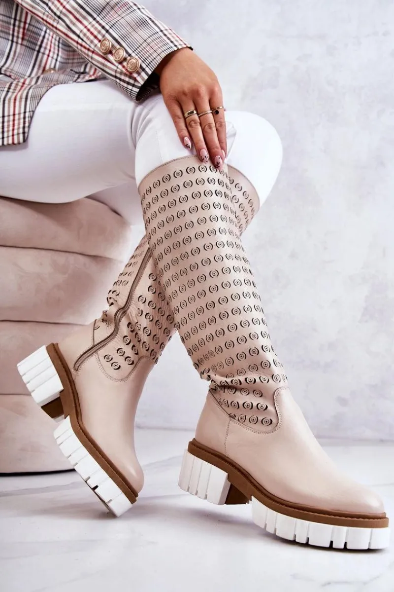 Sale Boto Ażurowe Skórzane Kozaki Na Suwak Beżowe Lativia