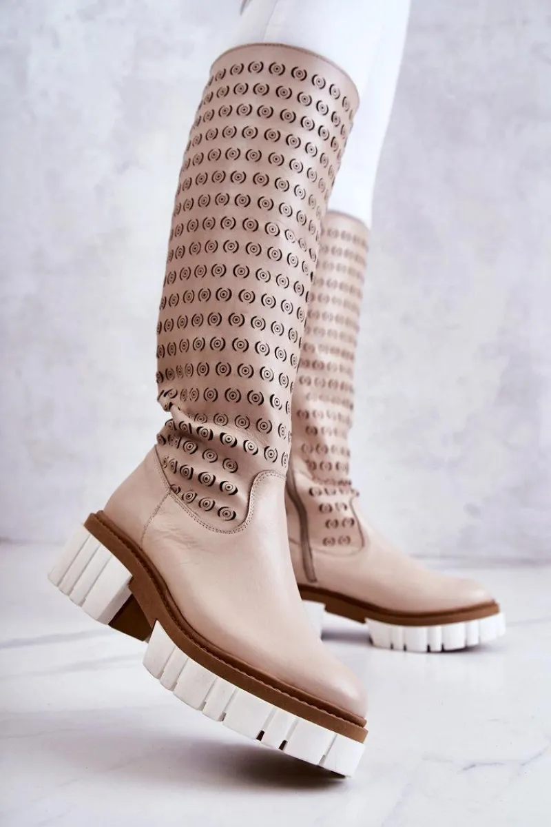 Sale Boto Ażurowe Skórzane Kozaki Na Suwak Beżowe Lativia