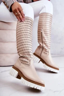 Sale Boto Ażurowe Skórzane Kozaki Na Suwak Beżowe Lativia