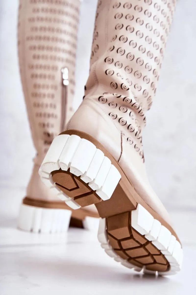 Sale Boto Ażurowe Skórzane Kozaki Na Suwak Beżowe Lativia