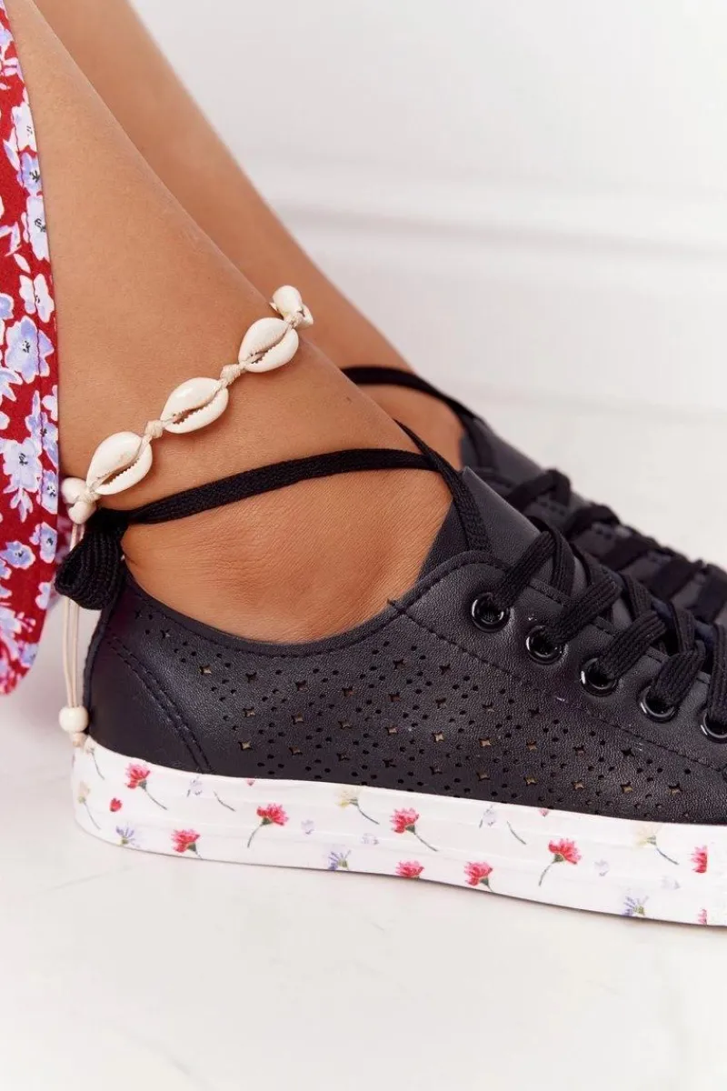 Clearance Ażurowe Skórzane Tenisówki W Kwiaty Czarne Spring Damskie Trampki Damskie Niskie