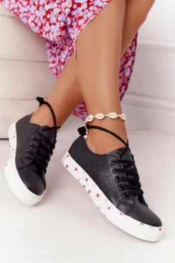 Clearance Ażurowe Skórzane Tenisówki W Kwiaty Czarne Spring Damskie Trampki Damskie Niskie