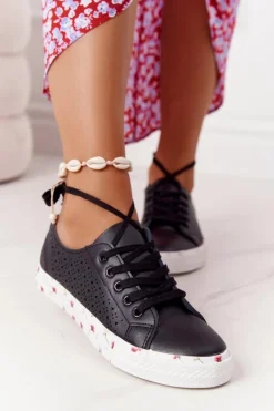 Clearance Ażurowe Skórzane Tenisówki W Kwiaty Czarne Spring Damskie Trampki Damskie Niskie