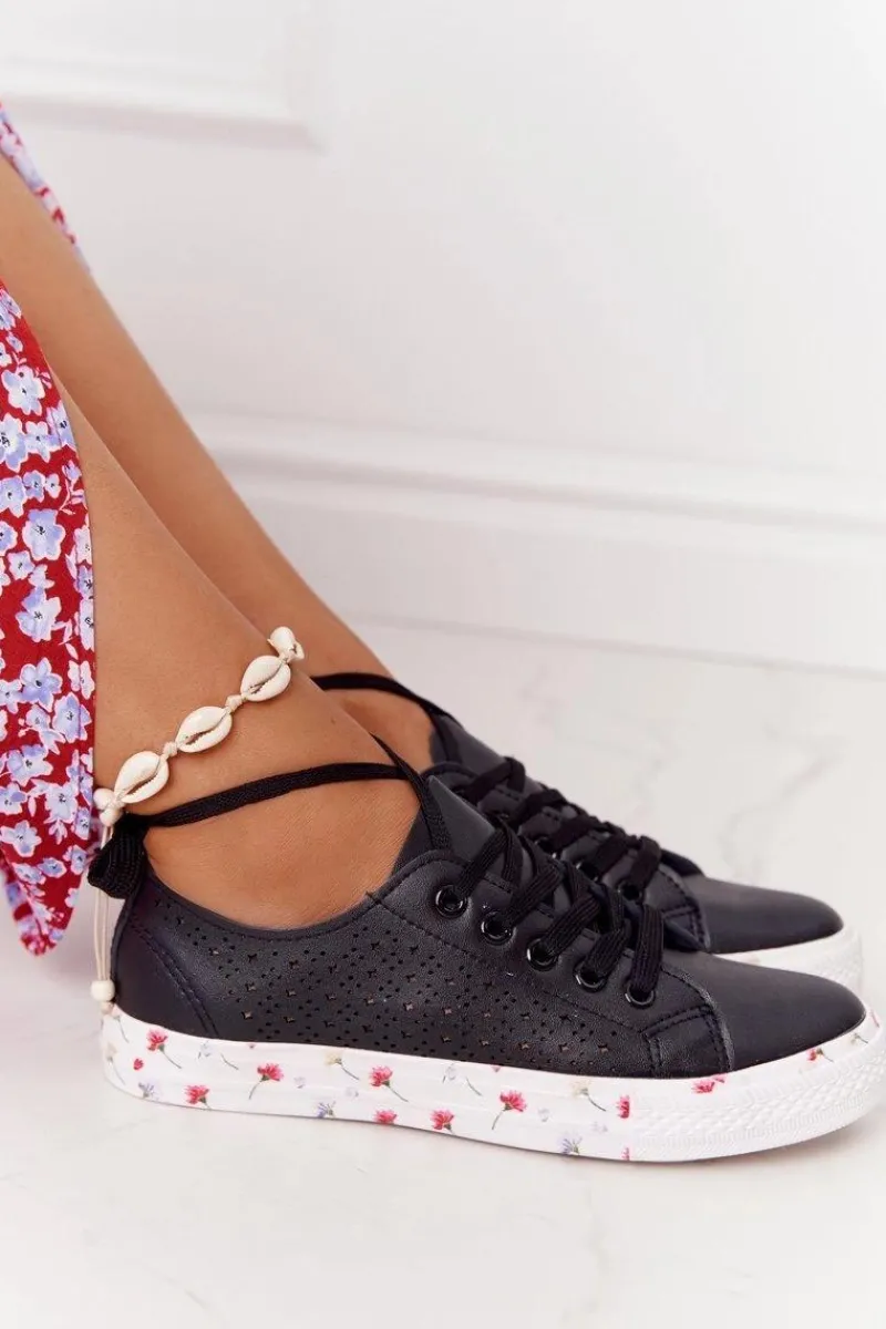 Clearance Ażurowe Skórzane Tenisówki W Kwiaty Czarne Spring Damskie Trampki Damskie Niskie