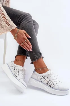 Sale Evento Ażurowe Sneakersy Damskie Na Platformie Skórzane Białe Peilaeno Biały