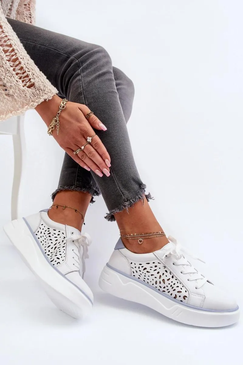 Sale Evento Ażurowe Sneakersy Damskie Na Platformie Skórzane Białe Peilaeno Biały