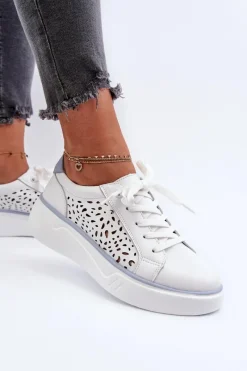 Sale Evento Ażurowe Sneakersy Damskie Na Platformie Skórzane Białe Peilaeno Biały