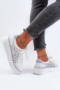 Sale Evento Ażurowe Sneakersy Damskie Na Platformie Skórzane Białe Peilaeno Biały