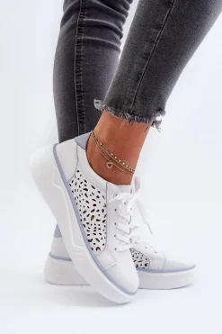 Sale Evento Ażurowe Sneakersy Damskie Na Platformie Skórzane Białe Peilaeno Biały
