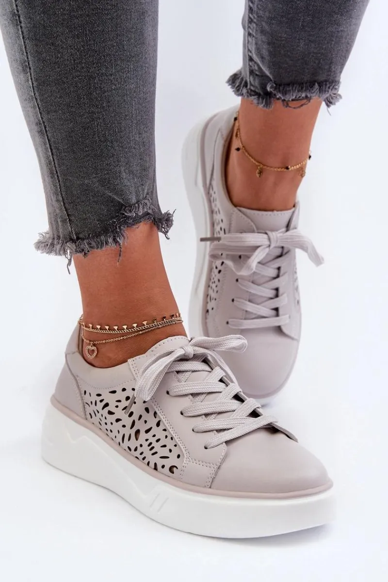 Clearance Ażurowe Sneakersy Damskie Na Platformie Skórzane Szare Peilaeno Damskie Buty Sportowe Na Platformie