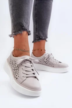 Clearance Ażurowe Sneakersy Damskie Na Platformie Skórzane Szare Peilaeno Damskie Buty Sportowe Na Platformie