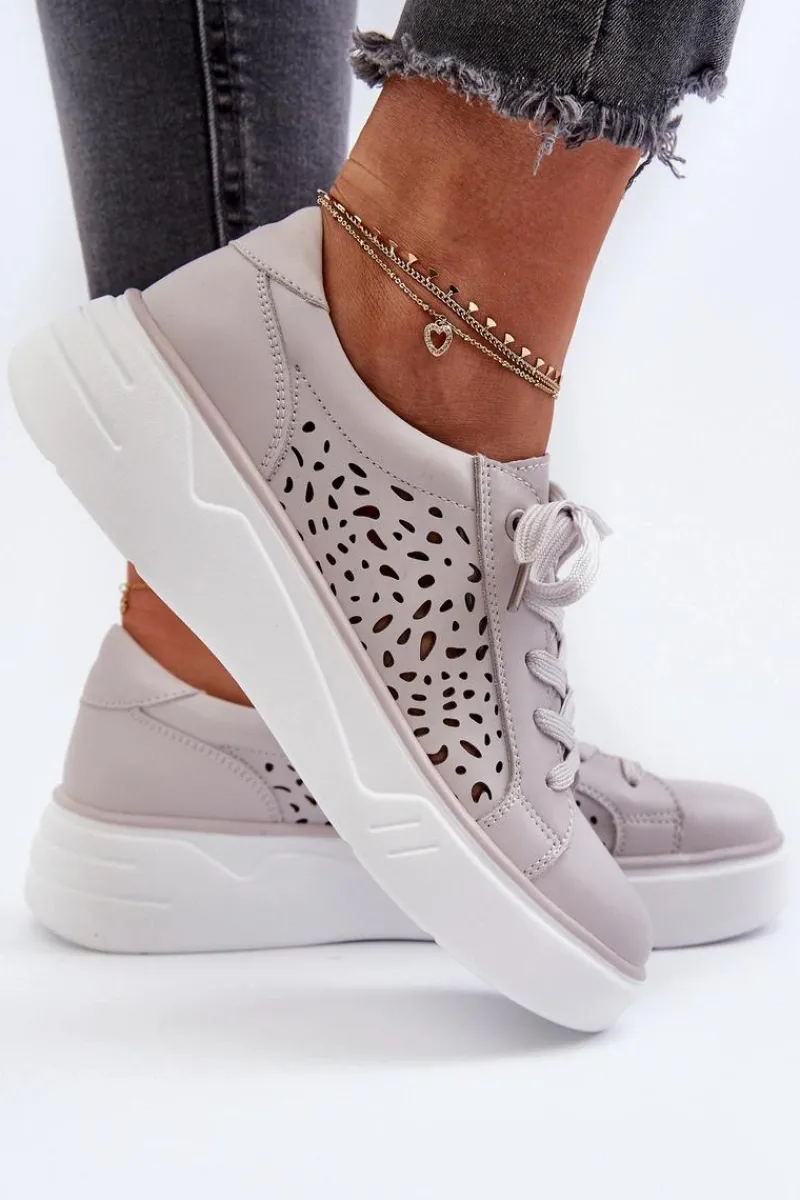 Clearance Ażurowe Sneakersy Damskie Na Platformie Skórzane Szare Peilaeno Damskie Buty Sportowe Na Platformie