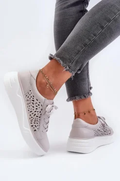 Clearance Ażurowe Sneakersy Damskie Na Platformie Skórzane Szare Peilaeno Damskie Buty Sportowe Na Platformie