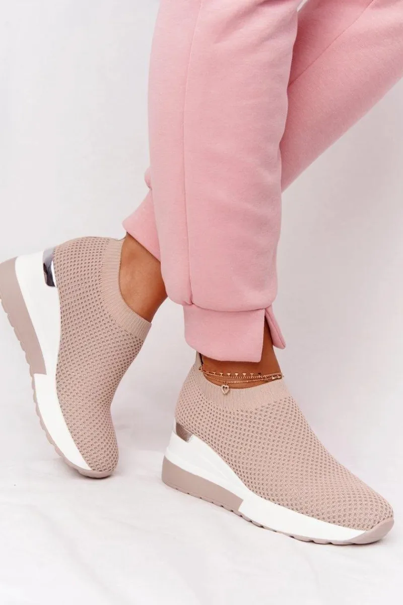 Sneakersy Damskie>Boto Ażurowe Sneakersy Slip-On Na Koturnie Beżowe Harmony