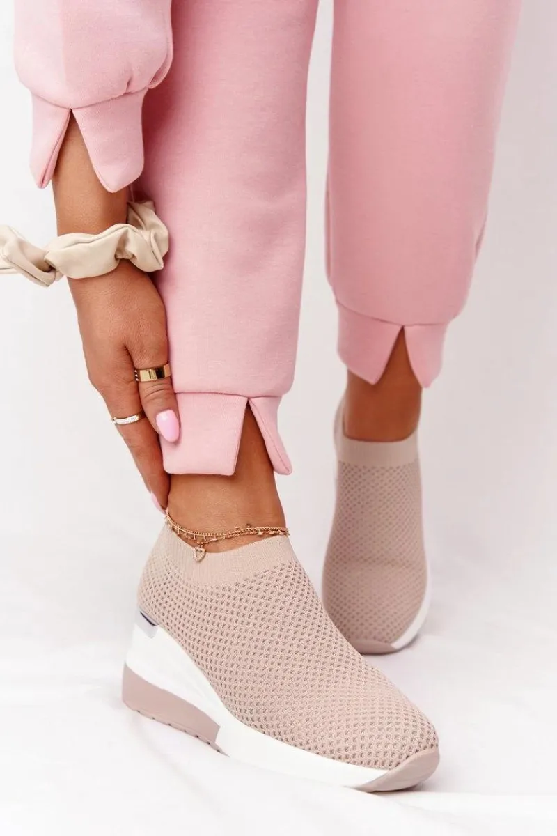 Sneakersy Damskie>Boto Ażurowe Sneakersy Slip-On Na Koturnie Beżowe Harmony