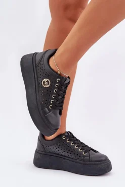 Outlet Ażurowe Sneakersy Ze Złotym Detalem Czarne Cassildi Damskie Buty Sportowe Na Platformie|Sneakersy Damskie