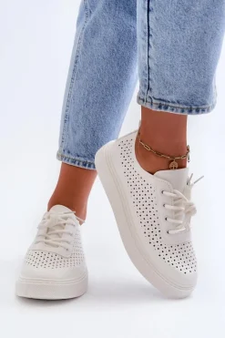 Trampki Damskie Niskie></noscript>Boto Ażurowe Trampki Sneakersy Na Platformie Białe Tanvi