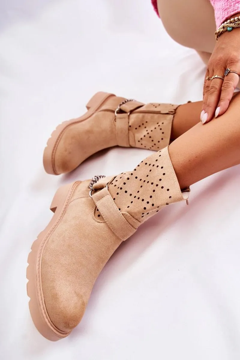 Outlet Boto Ażurowe Wiosenne Botki Na Suwak Z Łańcuchem Beżowe Chantelle Beżowy