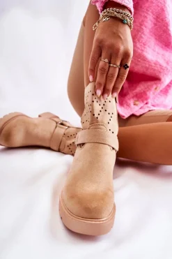 Outlet Boto Ażurowe Wiosenne Botki Na Suwak Z Łańcuchem Beżowe Chantelle Beżowy