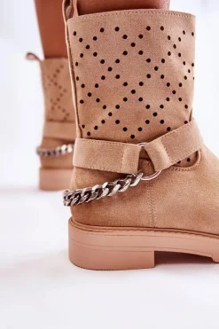 Outlet Boto Ażurowe Wiosenne Botki Na Suwak Z Łańcuchem Beżowe Chantelle Beżowy