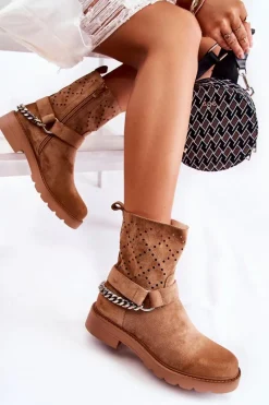 Hot Boto Ażurowe Wiosenne Botki Na Suwak Z Łańcuchem Brązowe Chantelle