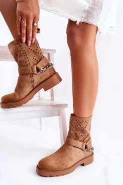 Hot Boto Ażurowe Wiosenne Botki Na Suwak Z Łańcuchem Brązowe Chantelle