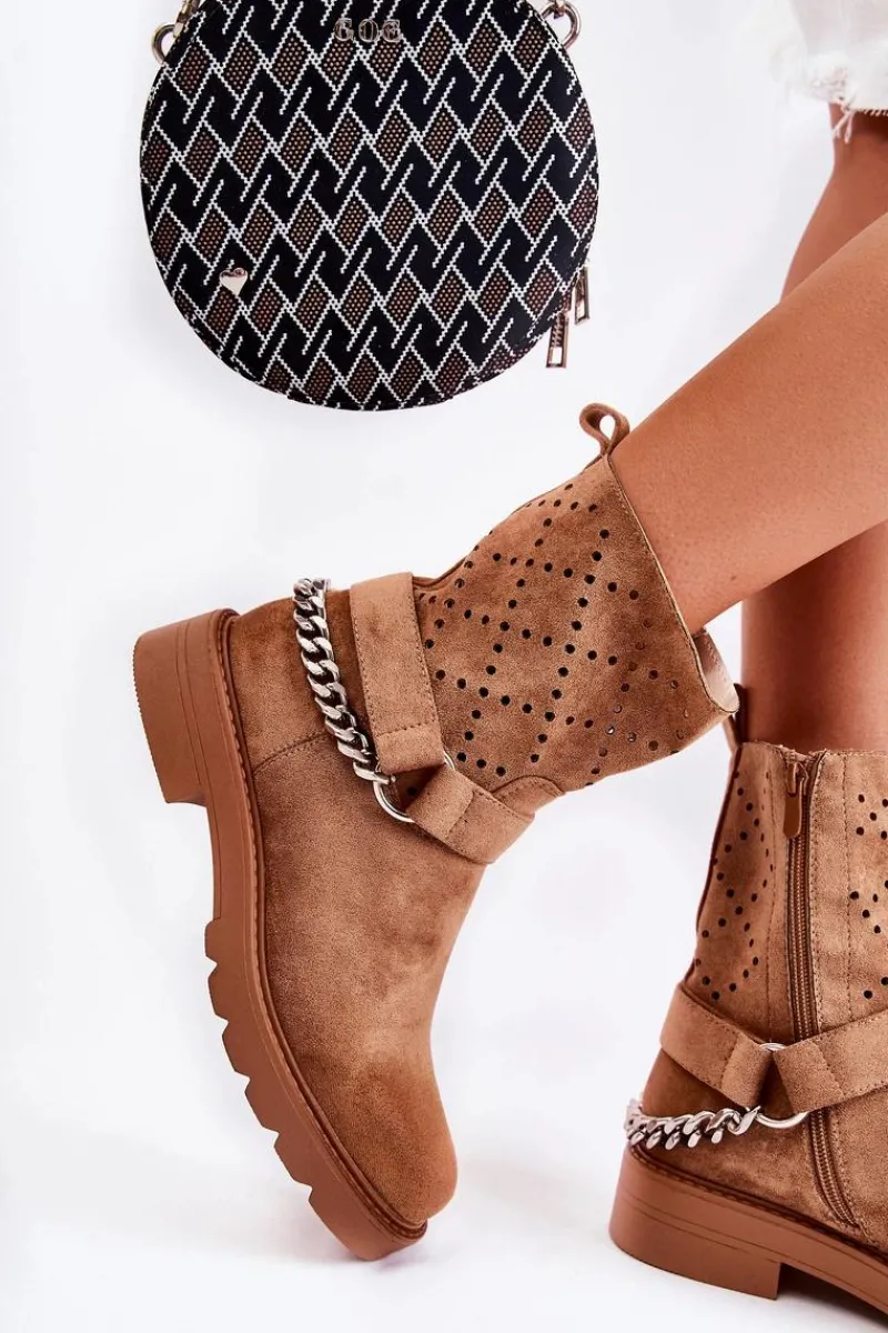 Hot Boto Ażurowe Wiosenne Botki Na Suwak Z Łańcuchem Brązowe Chantelle