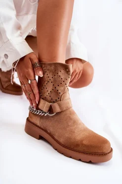 Hot Boto Ażurowe Wiosenne Botki Na Suwak Z Łańcuchem Brązowe Chantelle
