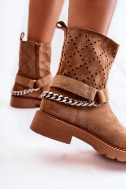 Hot Boto Ażurowe Wiosenne Botki Na Suwak Z Łańcuchem Brązowe Chantelle