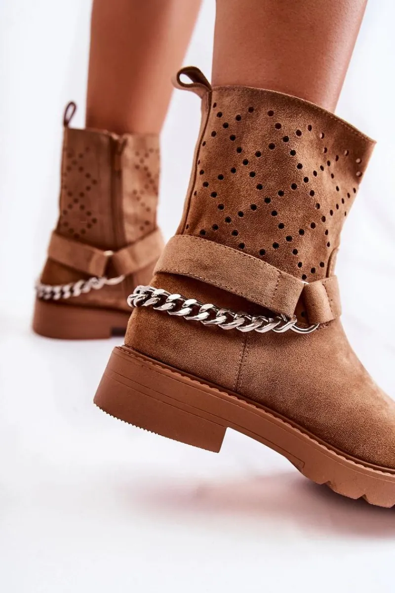 Hot Boto Ażurowe Wiosenne Botki Na Suwak Z Łańcuchem Brązowe Chantelle