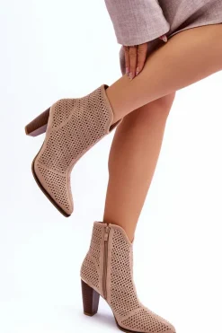 Online Ażurowe Zamszowe Botki Na Słupku Beżowe Logan Damskie Botki Wiosenne|Botki Na Słupku