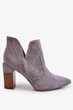 Boto Ażurowe Zamszowe Botki Na Obcasie Szare Leanna