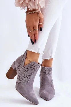 Boto Ażurowe Zamszowe Botki Na Obcasie Szare Leanna