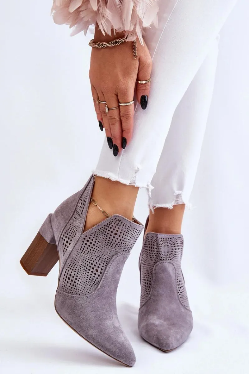 Boto Ażurowe Zamszowe Botki Na Obcasie Szare Leanna