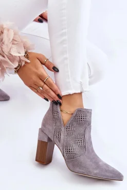 Boto Ażurowe Zamszowe Botki Na Obcasie Szare Leanna