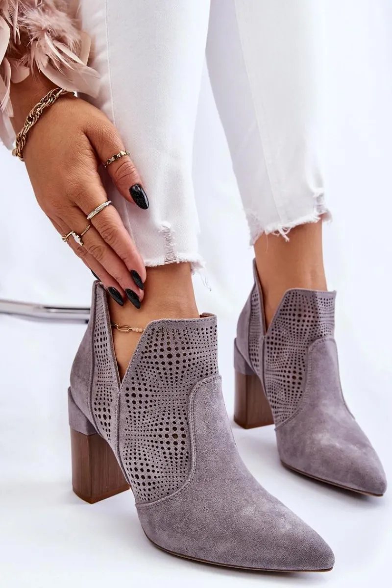 Boto Ażurowe Zamszowe Botki Na Obcasie Szare Leanna