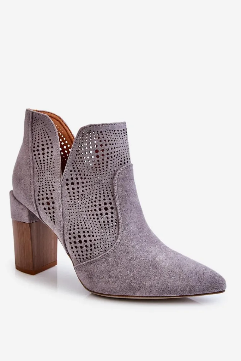 Boto Ażurowe Zamszowe Botki Na Obcasie Szare Leanna