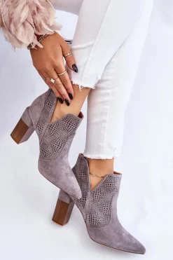 Boto Ażurowe Zamszowe Botki Na Obcasie Szare Leanna