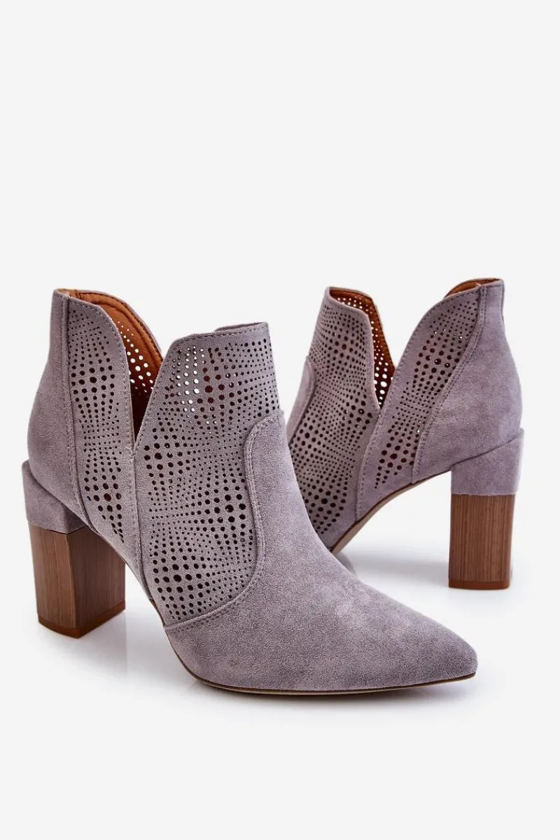 Boto Ażurowe Zamszowe Botki Na Obcasie Szare Leanna