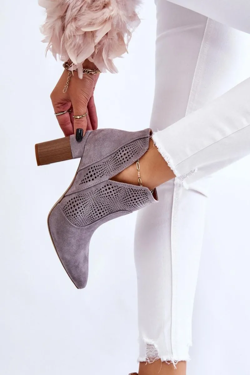 Boto Ażurowe Zamszowe Botki Na Obcasie Szare Leanna