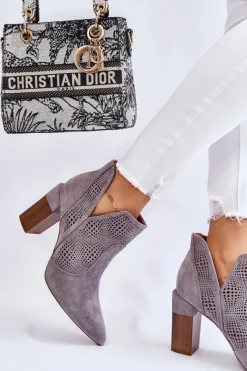 Boto Ażurowe Zamszowe Botki Na Obcasie Szare Leanna