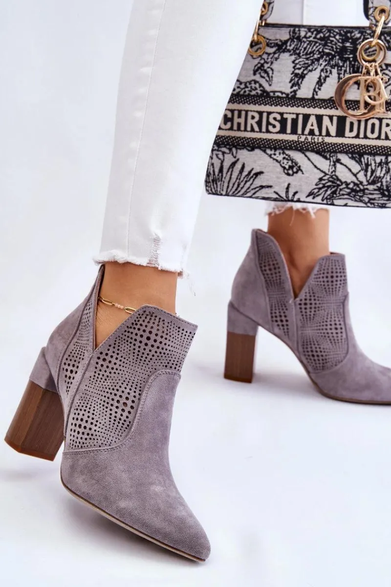 Boto Ażurowe Zamszowe Botki Na Obcasie Szare Leanna