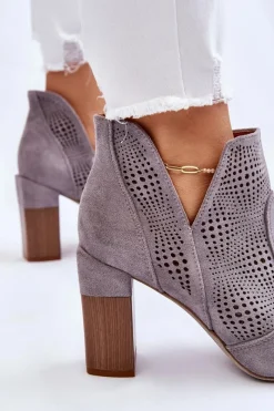Boto Ażurowe Zamszowe Botki Na Obcasie Szare Leanna