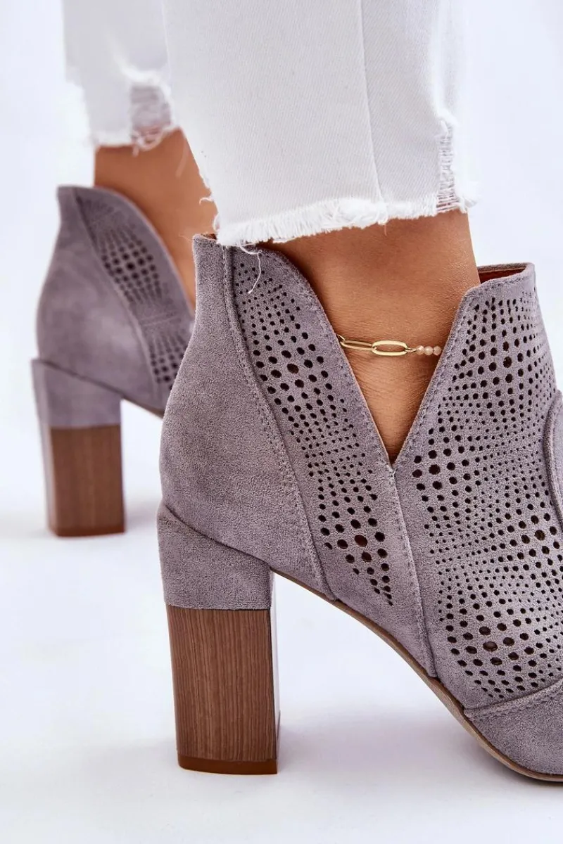 Boto Ażurowe Zamszowe Botki Na Obcasie Szare Leanna