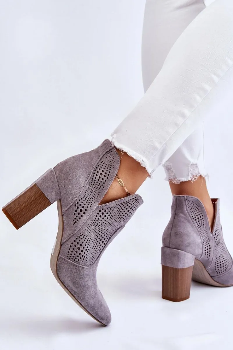 Boto Ażurowe Zamszowe Botki Na Obcasie Szare Leanna