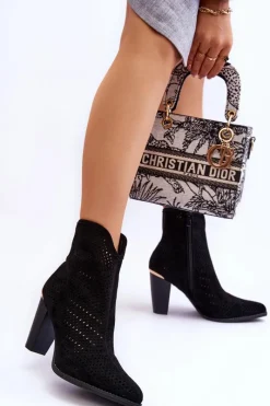 Sale Boto Ażurowe Zamszowe Botki Na Słupku Czarne Logan